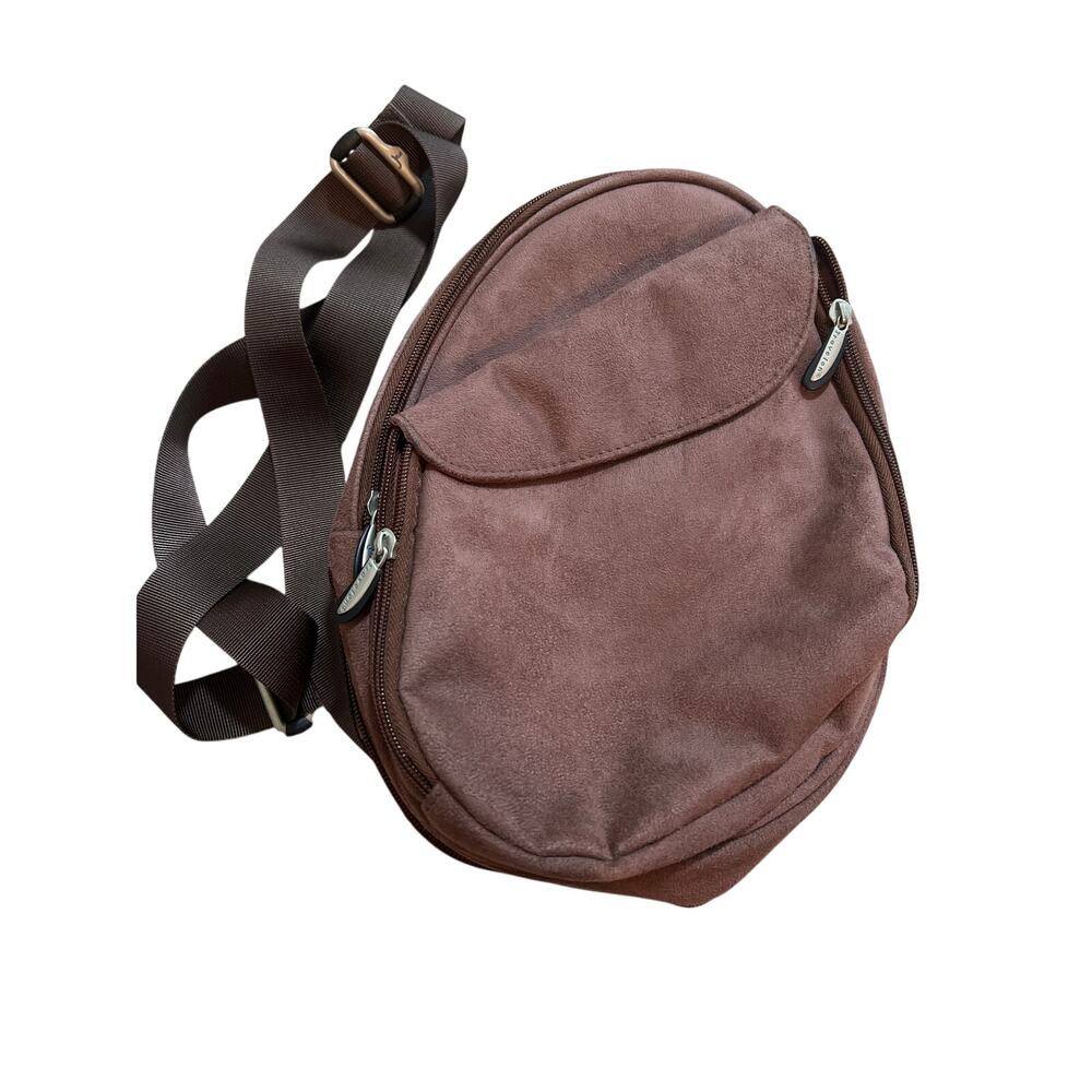 Travelon Microsuede Elliptical 2 Compartment Brown Sling Bag Safe Travel